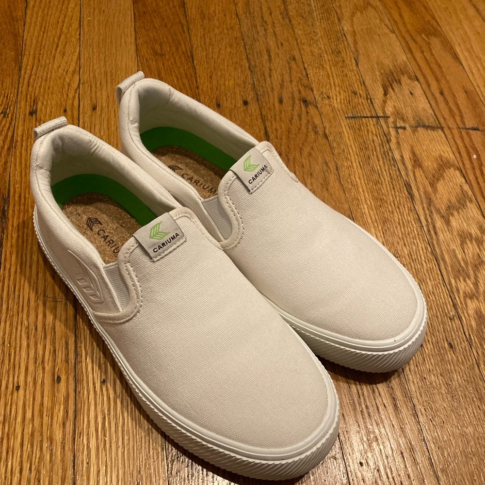 Cariuma Slip-On Canvas Sneakers in Off-White with Green Accents